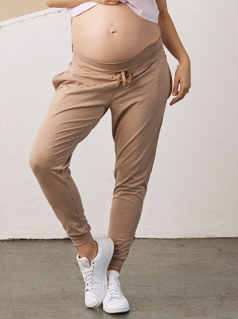 Close view - A Pregnant Woman in Coffee Colour Cotton Maternity Jogger Pants (6709405909095)