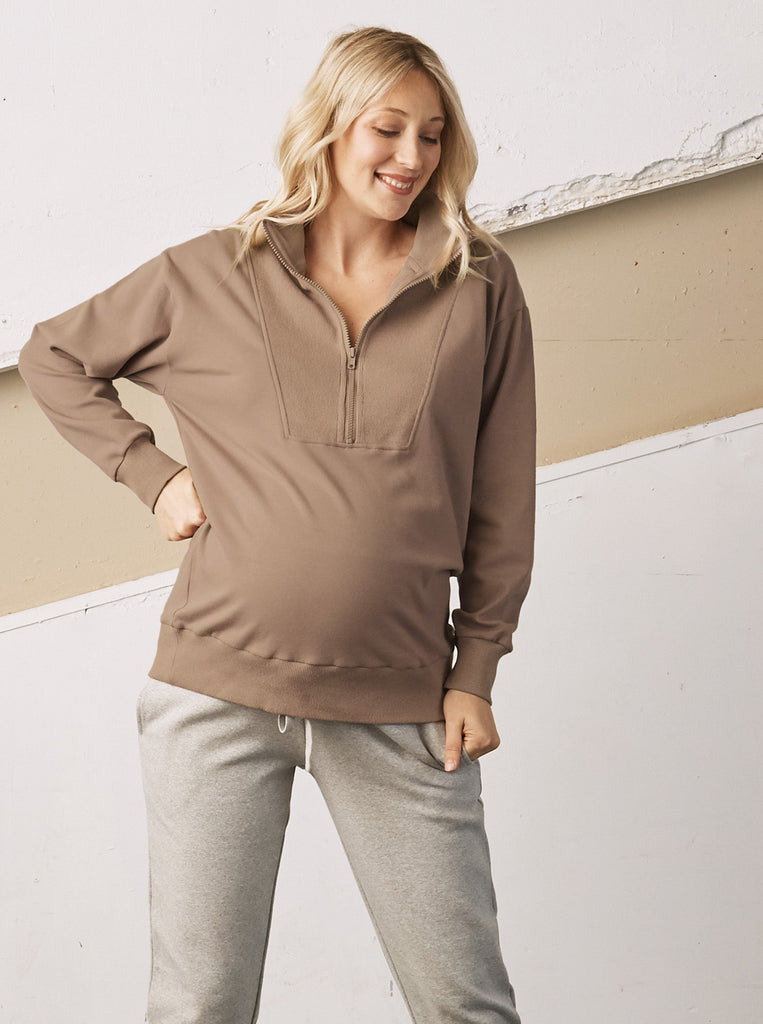 Main View - A Pregnant Woman in Calla Maternity Cotton Sweatpants in Brown Color from Angel Maternity (6728284831838)