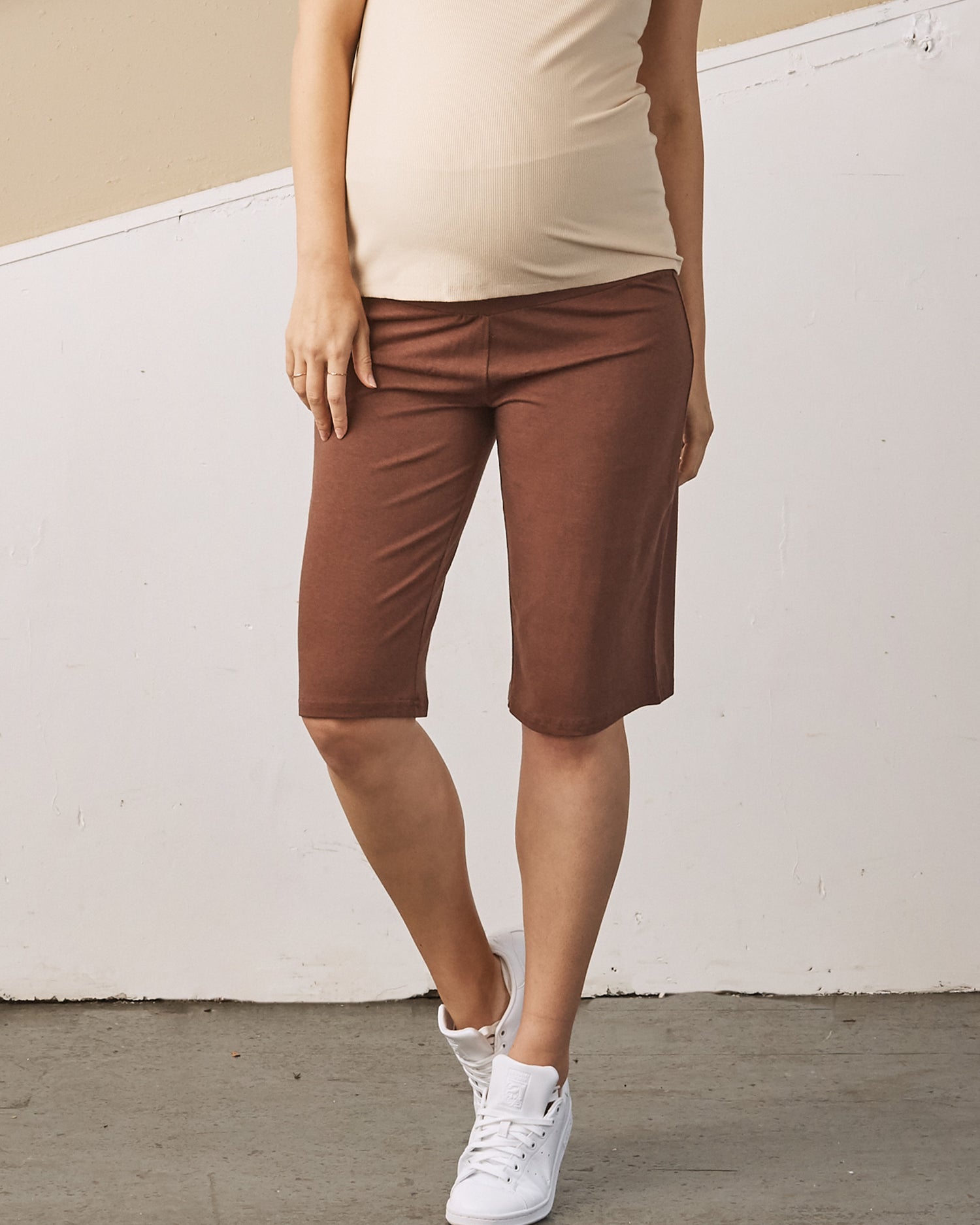 Main view - A Pregnant Woman in Chocolate Brown Wide Leg Knee Length Bamboo Maternity Shorts (6707663011943)