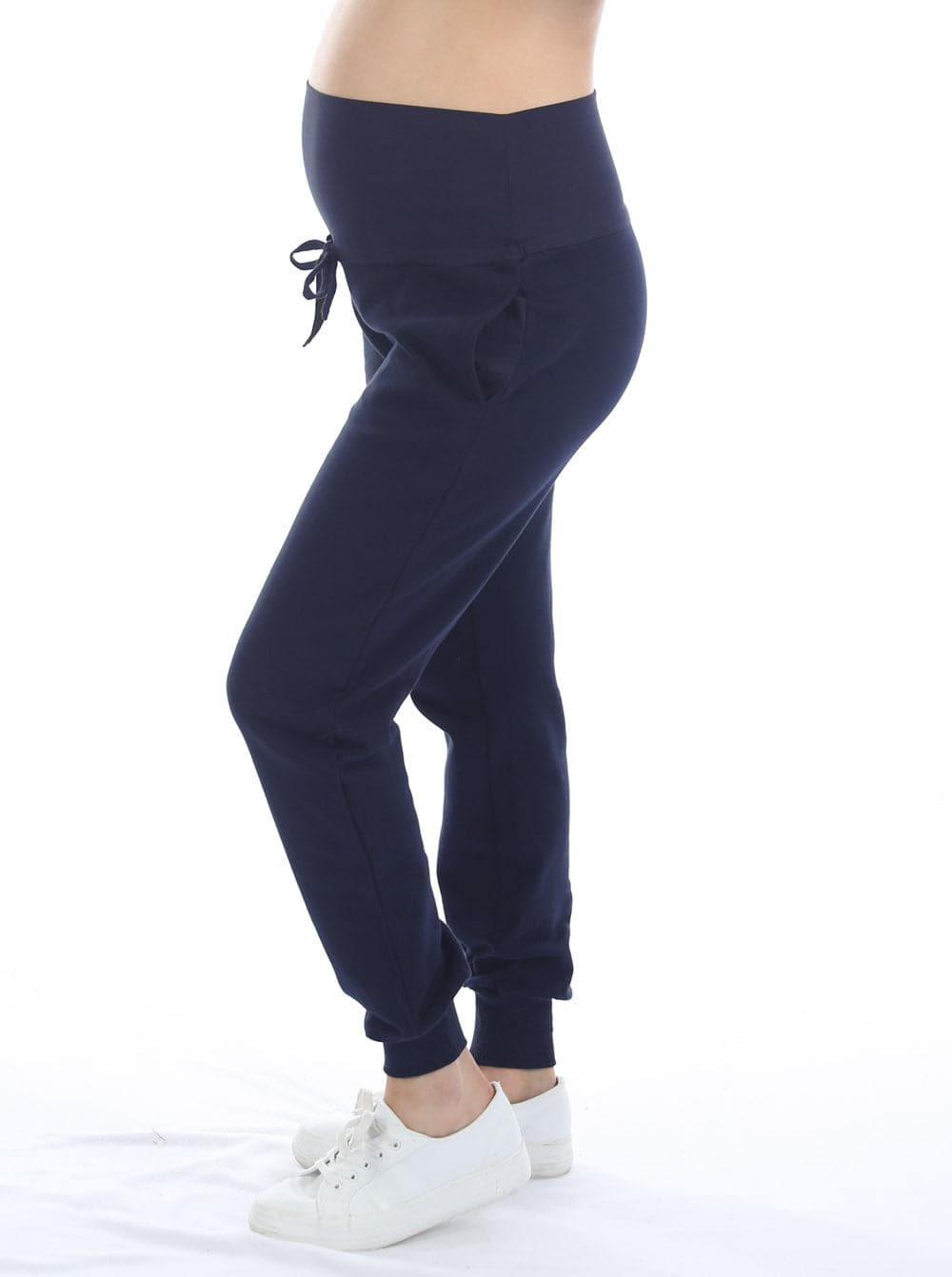 A woman in Calla navy black maternity tracksuit set, pants (6647093657703)