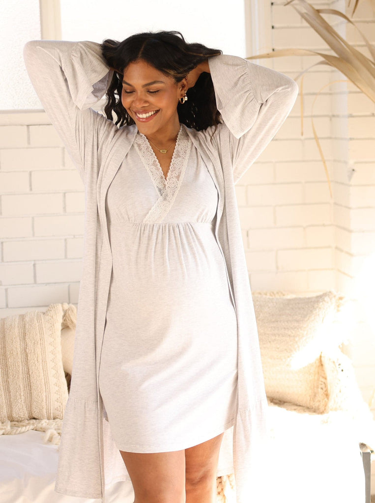 Front view - A Pregnant Woman in Maternity Bamboo Nightie with Lace smiling  (6701586907239)