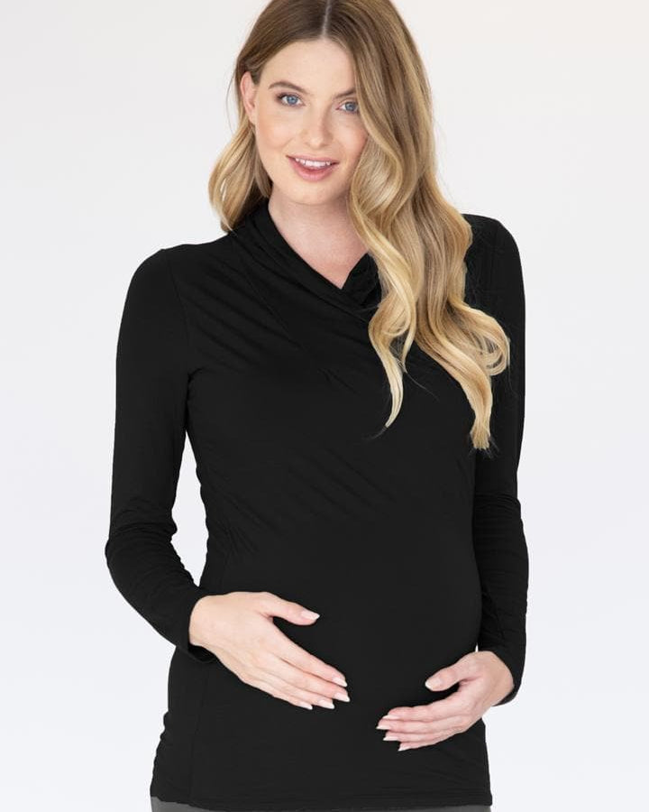 A women in long sleeve black navy bamboo maternity v-neck crossover top, front (2242995290215)