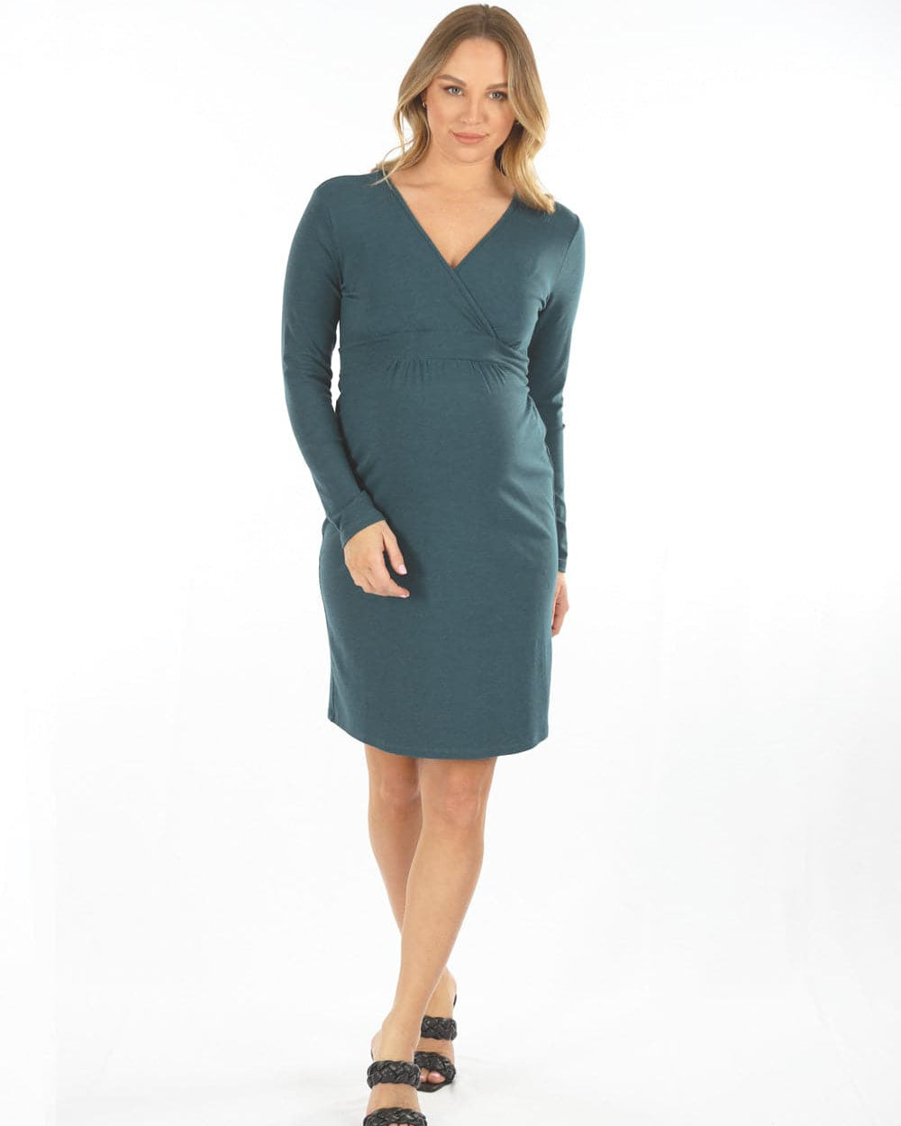 A woman in Madison cross over teal maternity dress, front3 (6593995014247)