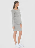 a woman in marl grey lexie maternity nursing long sleeve dress, side2 (6647017963623)