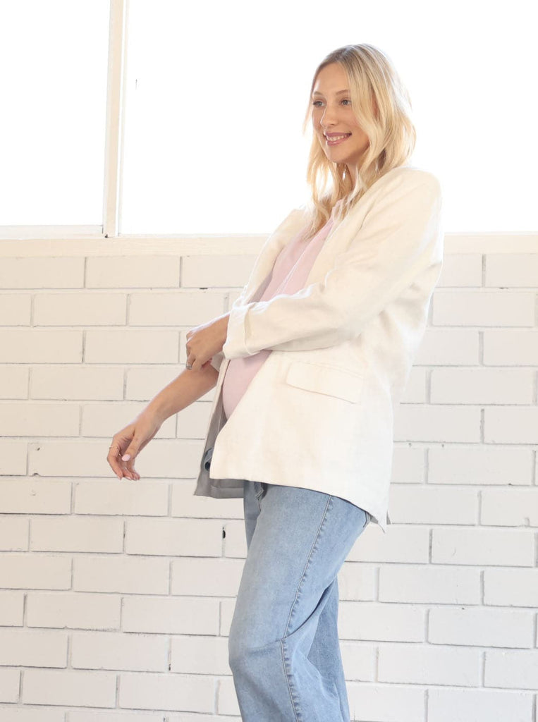 Side view - A Pregnant Woman in White Maternity Linen Jacket in  (6699018584167)