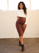 Front view - "The Ruched" Maternity Midi Skirt in Brown (3446018015326)