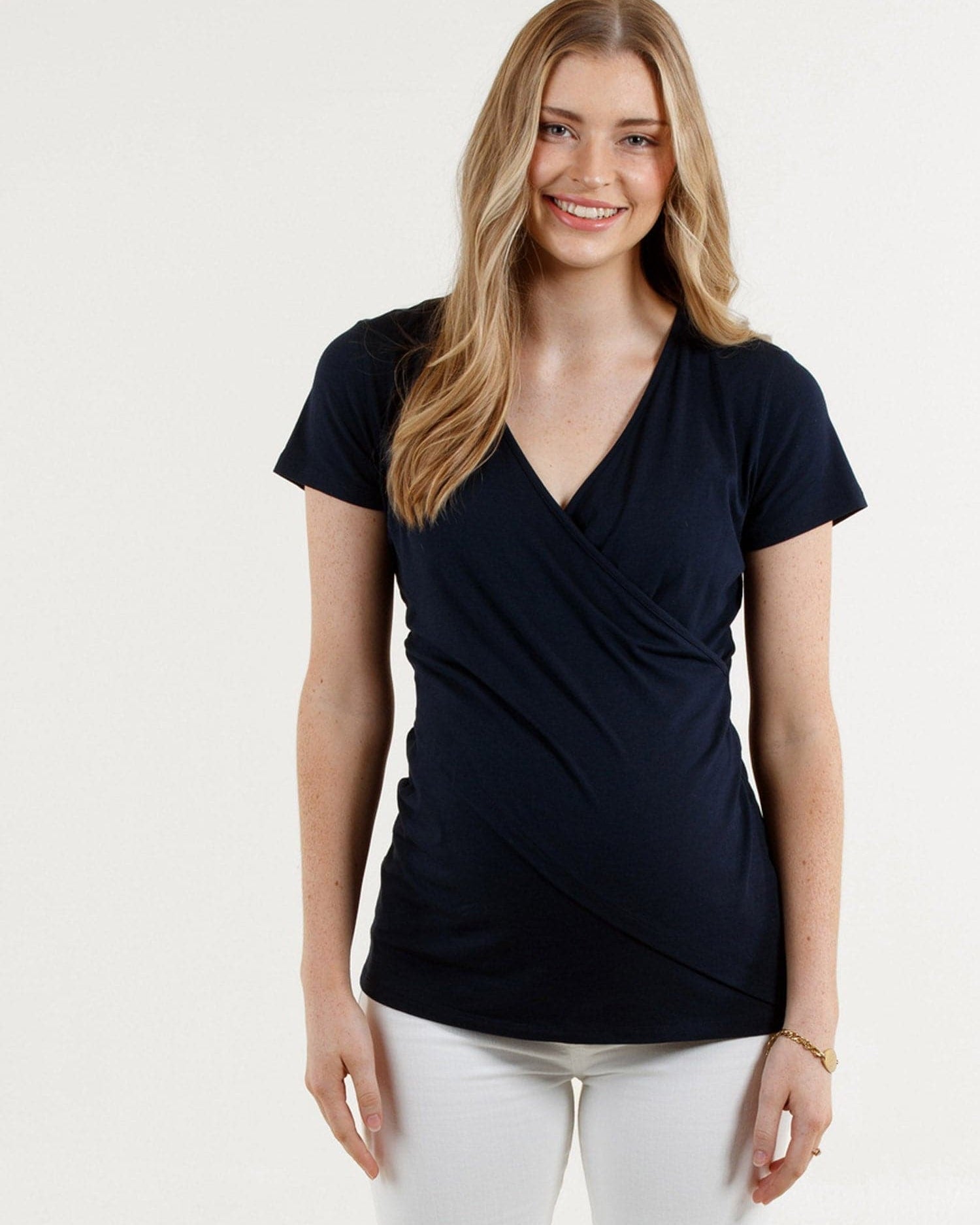 A woman in maternity nursing crossover bamboo tee, main (4331798233191)