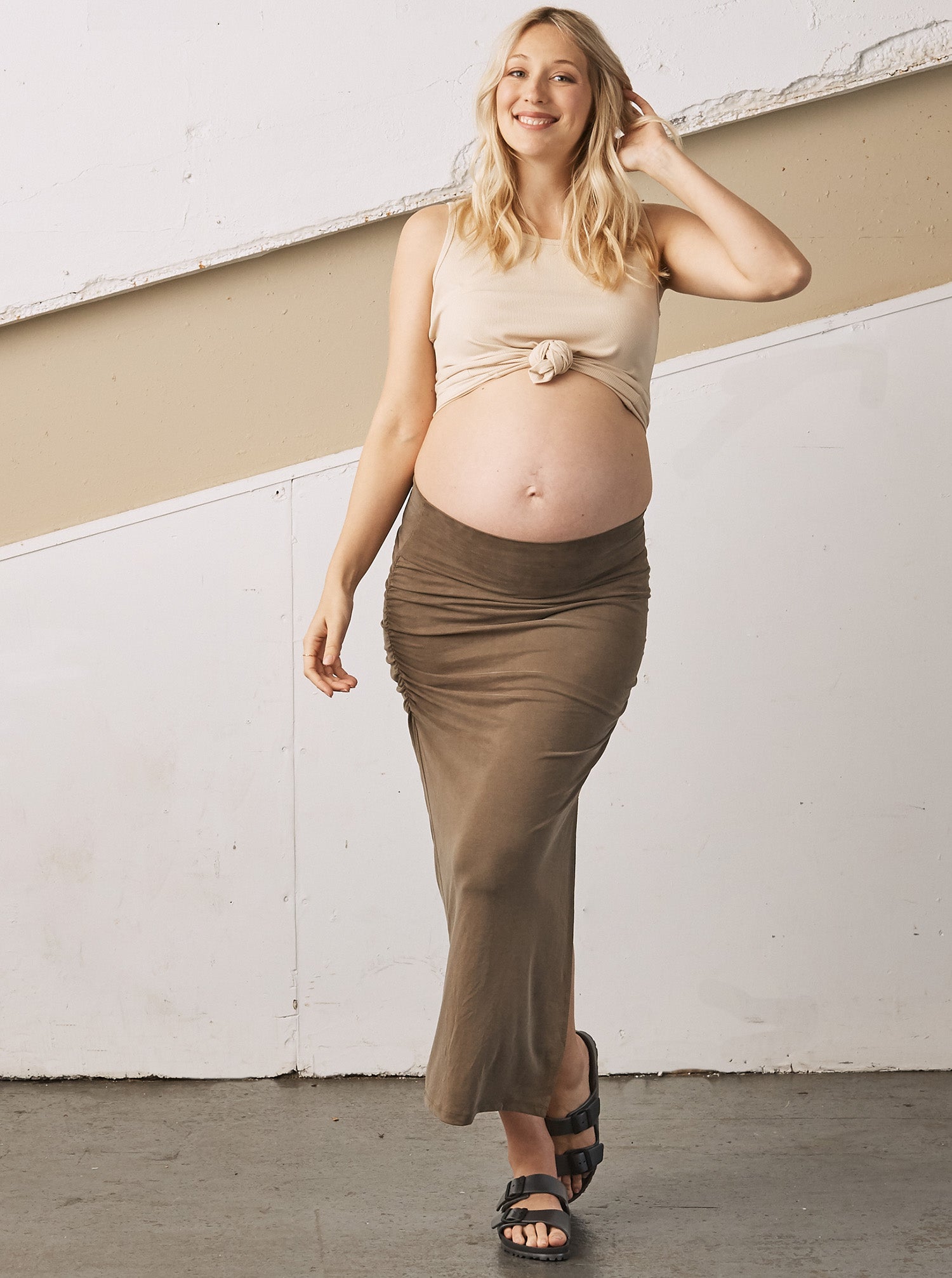 Maternity Side Ruching High Waist Maxi Skirt - Khaki (11766507797)
