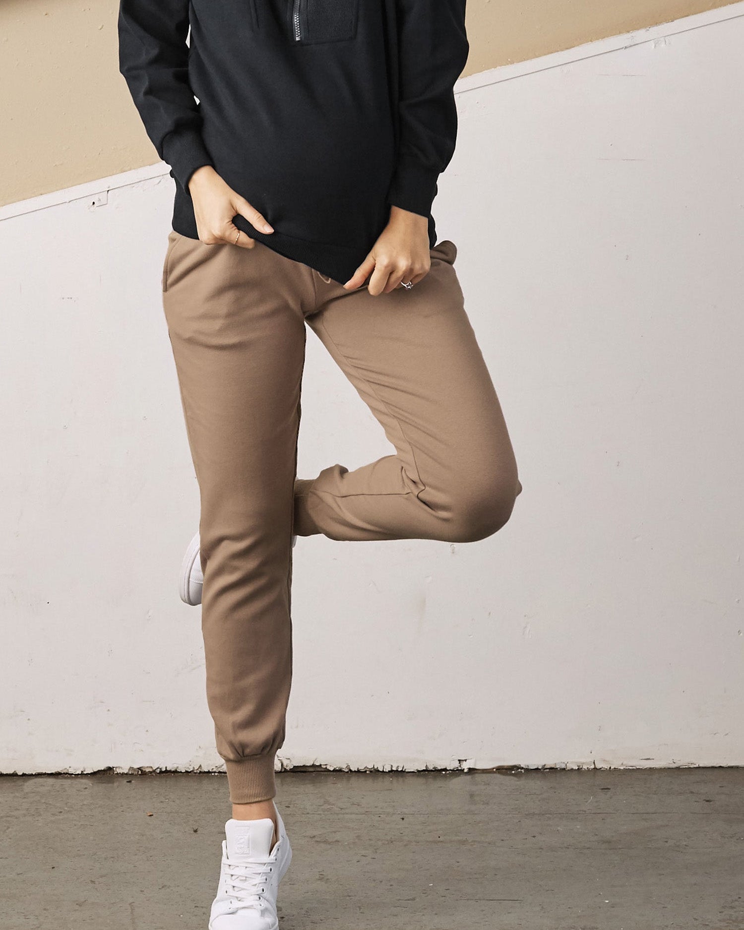 Main View - A Pregnant Woman in Calla Maternity Cotton Sweatpants in Iced Coffee Color from Angel Maternity (6728293679198)