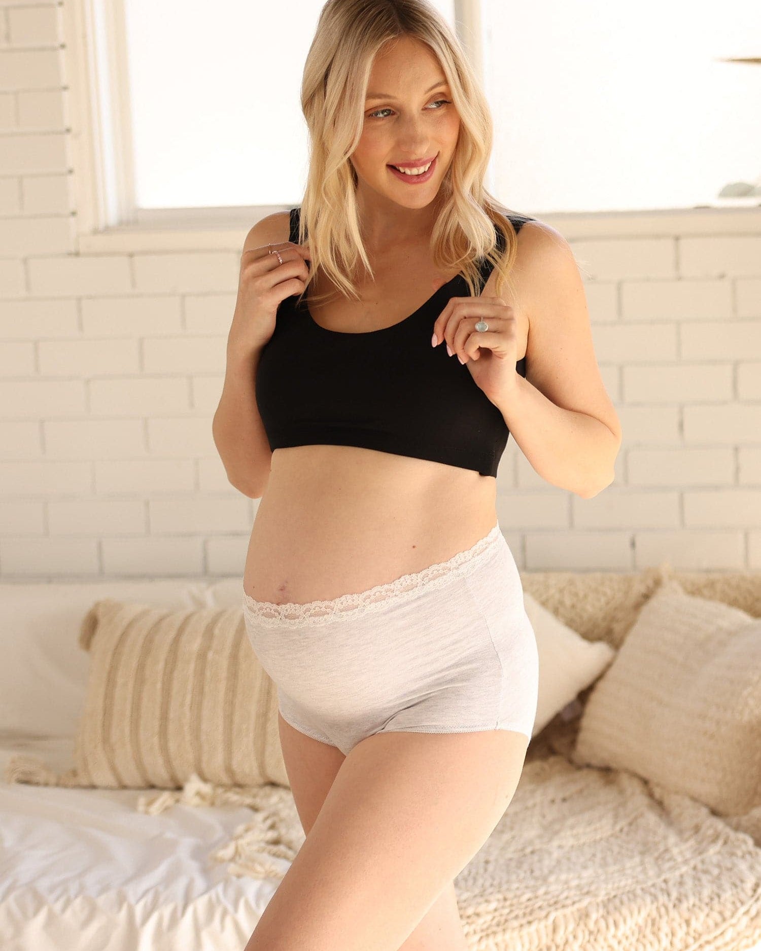 Main view - A pregnant Woman in Marl Grey Maternity Lace Underwear in Bamboo from Angel Maternity   (6701580222567)
