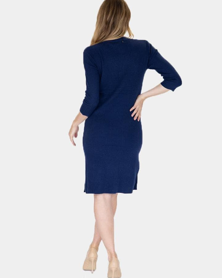 A women in navy knit ribbed maternity button front nursing dress standing, back (4589795803239)