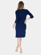 A women in navy knit ribbed maternity button front nursing dress standing, back (4589795803239)
