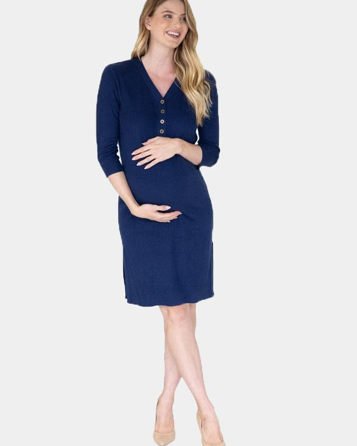 A women smiling in knit ribbed button front maternity & nursing friendly navy blue dress. Front view. (4589795803239)