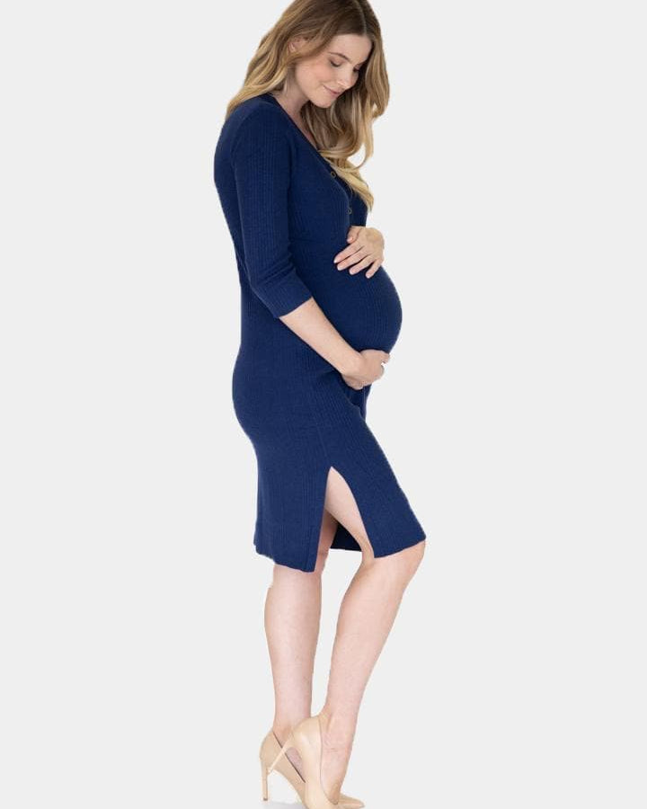 A women in navy knit ribbed maternity button front nursing dress standing, side (4589795803239)