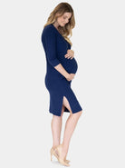 A women in navy knit ribbed maternity button front nursing dress standing, side (4589795803239)