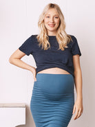 Main view - A pregnant Woman in Bamboo Basic Maternity Crop Top in Navy Colour (6713978486887)