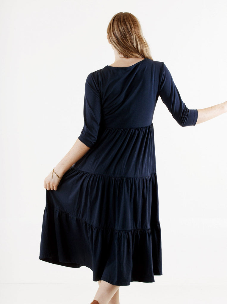 Essential Maternity Tiered Midi Dress in Navy/Black (6669517095006)