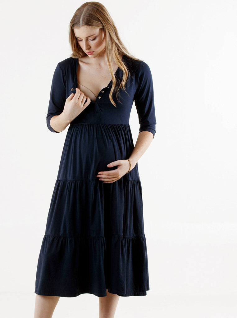 Essential Maternity Tiered Midi Dress in Navy/Black (6669517095006)