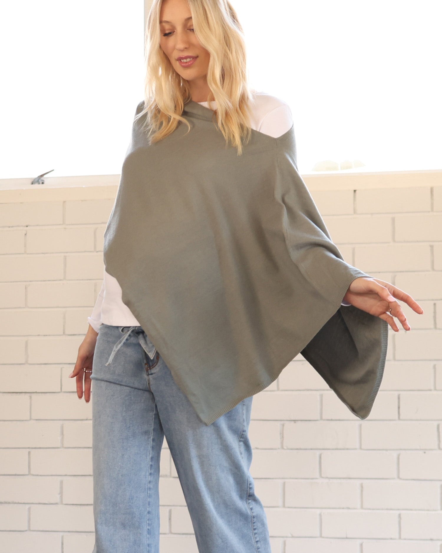 Front view - Moozie Mama Luxury Poncho/Scarf Maternity & Nursing Cover in Sage Green (6723877601374)