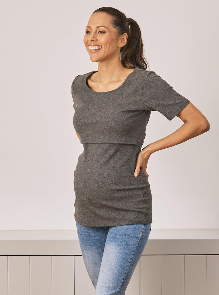 Maternity & Nursing Short Sleeve Top in Charcoal Grey (6586461880423)