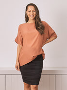 Main view - A pregnant Woman in  Relax Fit Short Sleeve Maternity Work Top. Colour - Rust (6714683129959)