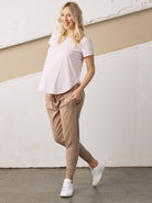 Full view - A Pregnant Woman in Basic Short Sleeve Pink Maternity Cotton T-shirt (6709404893287)