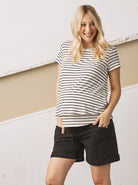 Main view - A Pregnant Woman in Long Sleeve Black/White Stripe Maternity & Nursing Top (6708022083687)