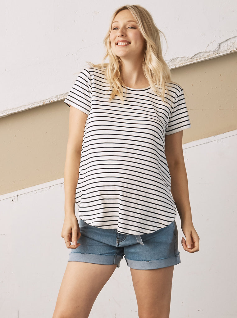 Front view - A Pregnant Woman in Navy Stripe Basic Maternity Bamboo/Cotton T-shirt  smiling (6709416460391)