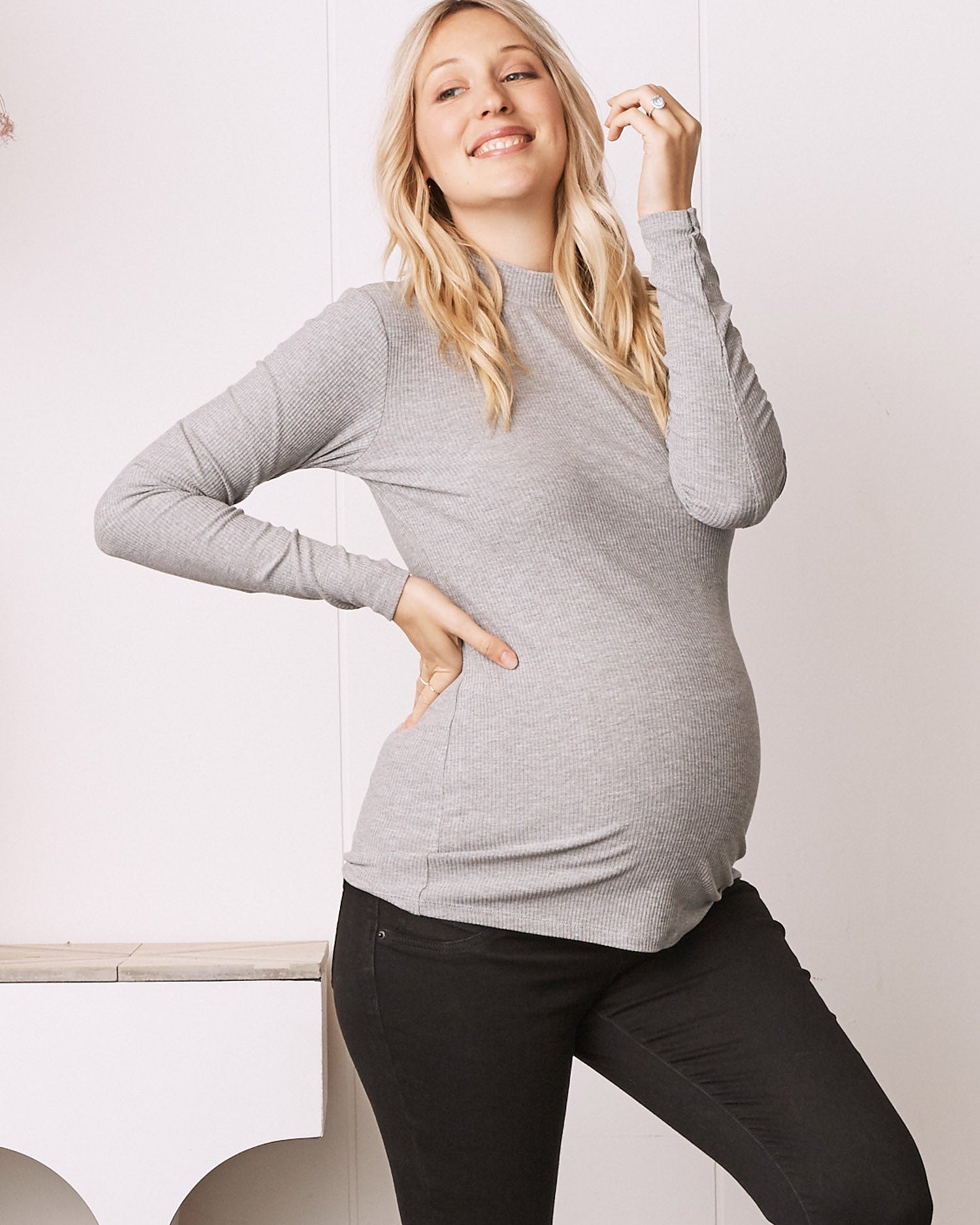 Winter Ribbed Turtle Neck Maternity Top in Marl Grey - Angel Maternity USA