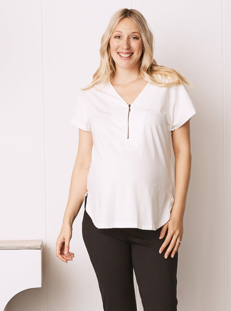 Main view - White Short Sleeve Zip Front Maternity  Work Blouse (6711878516839)