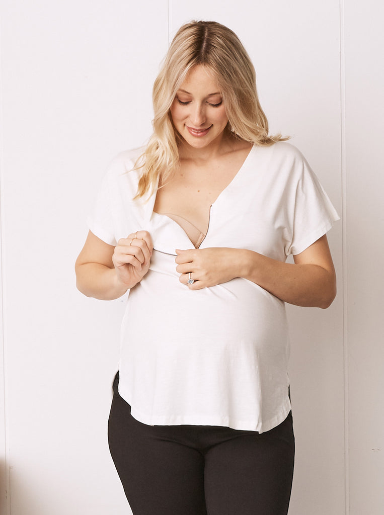 White Short Sleeve Zip Front Maternity  Work Blouse showing breastfeeding access (6711878516839)